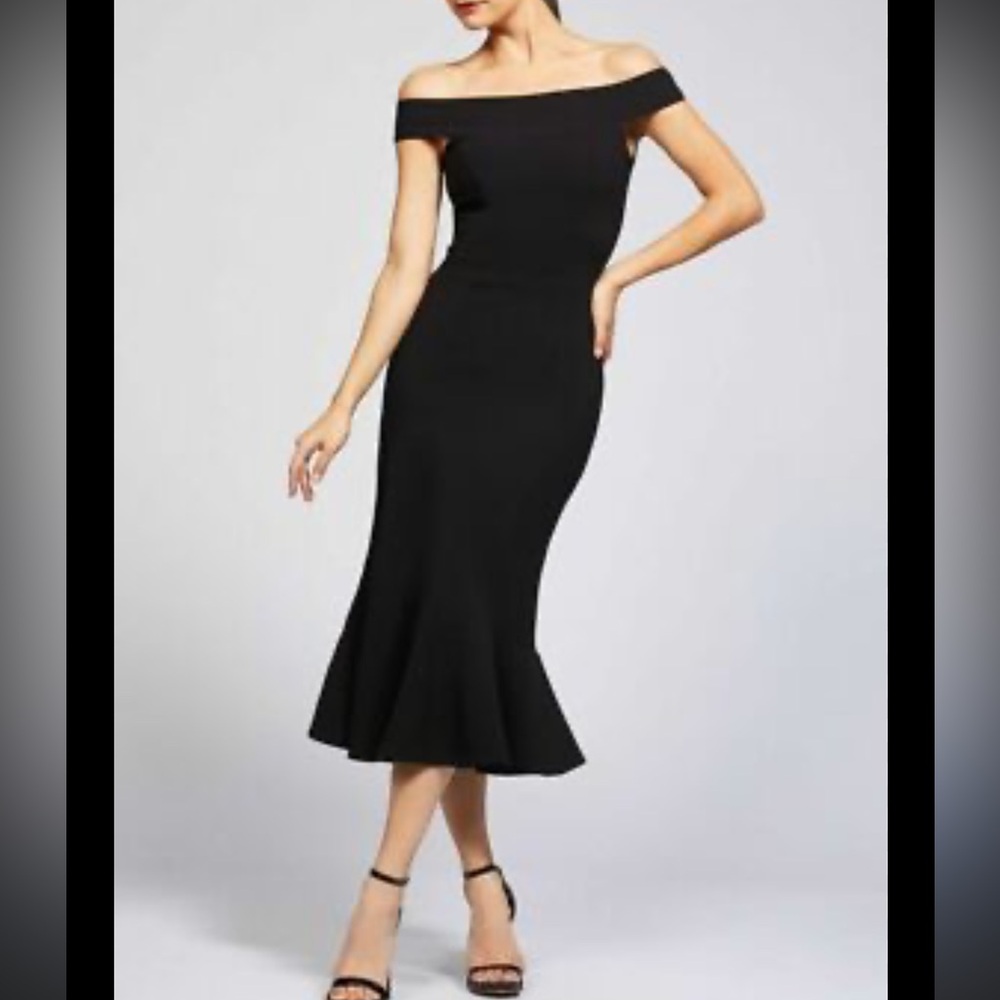 Dress the Population Black Off-the-Shoulder Mermaid Midi Dress Size S